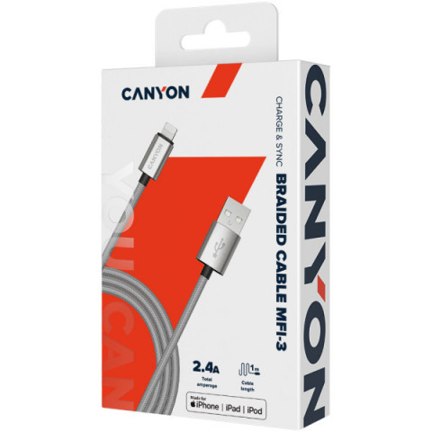 Кабель Canyon USB - Lightning (M/M) 1 м, Dark Grey (CNS-MFIC3DG)