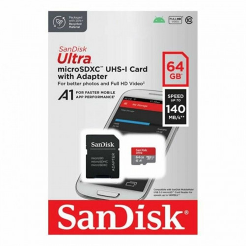 Карта пам`ятi MicroSDXC 64GB UHS-I Class 10 SanDisk Ultra A1 R140MB/s + SD-adapter (SDSQUAB-064G-GN6MA)