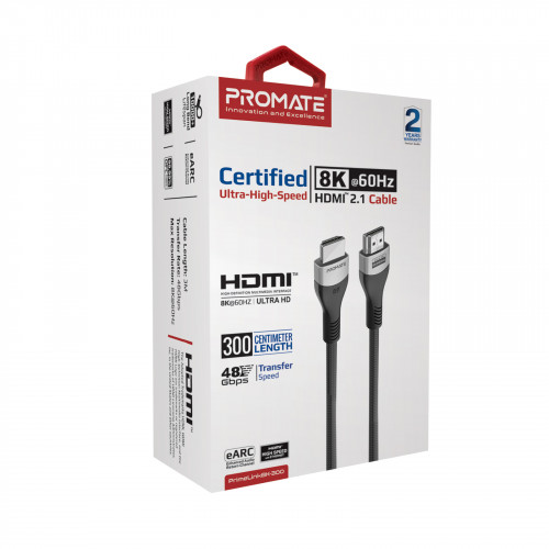Кабель Promate PrimeLink HDMI - HDMI v.2.1, (M/M), 3 м, Grey (primelink8k-300.grey)