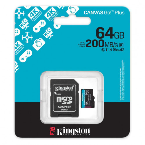 Карта пам`яті MicroSDXC 64GB UHS-I/U3 Class 10 Kingston Canvas Go! Plus R200/W200MB/s + SD-адаптер (SDCG4/64GB)