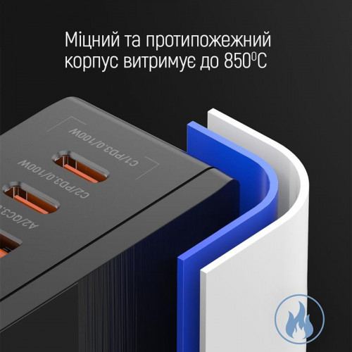 Мережевий зарядний пристрій ColorWay Power Delivery GaN (2USB-A + 2USB TYPE-C) (100W) Black (CW-CHS041PD-BK)