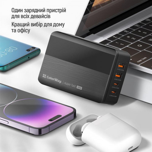 Мережевий зарядний пристрій ColorWay Power Delivery GaN (2USB-A + 2USB TYPE-C) (100W) Black (CW-CHS041PD-BK)