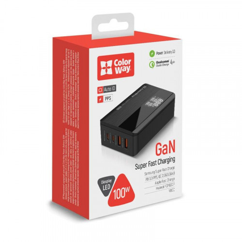 Мережевий зарядний пристрій ColorWay Power Delivery GaN (2USB-A + 2USB TYPE-C) (100W) Black (CW-CHS041PD-BK)