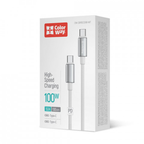 Кабель ColorWay USB Type-C - USB Type-C (M/M), zinc alloy braided, 5А, 1 м, White (CW-CBPDCC098-WT)