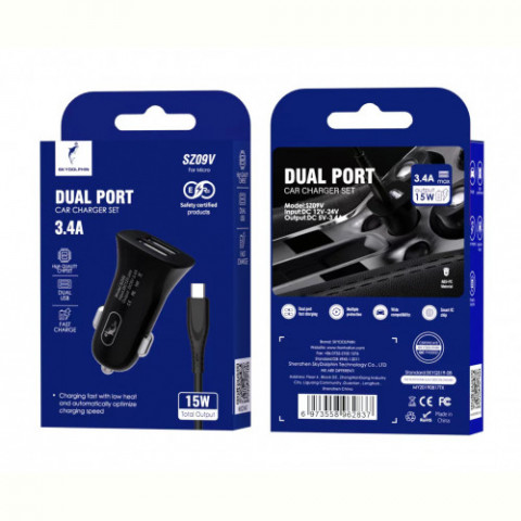 Автомобільний зарядний пристрій SkyDolphin SZ09V (2USB, 3.4A) Black (SDAZP-000111) + кабель microUSB