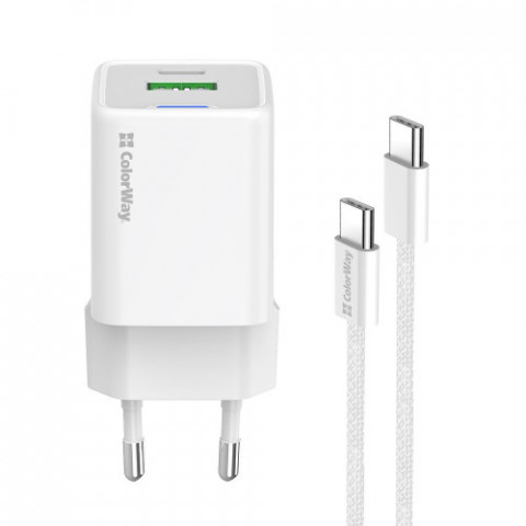 Мережевий зарядний пристрій ColorWay GaN Mini 35W PD Port PPS USB (Type-C PD + USB QC4.0) White (CW-CHS055PDC-WT) + кабель USB Type-C