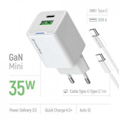Мережевий зарядний пристрій ColorWay GaN Mini 35W PD Port PPS USB (Type-C PD + USB QC4.0) White (CW-CHS055PDC-WT) + кабель USB Type-C