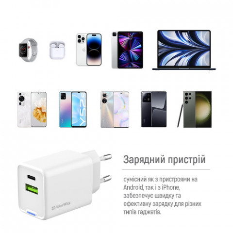 Мережевий зарядний пристрій ColorWay GaN Mini 45W PD Port PPS USB (Type-C PD + USB QC4.0) White (CW-CHS060PD-WT)