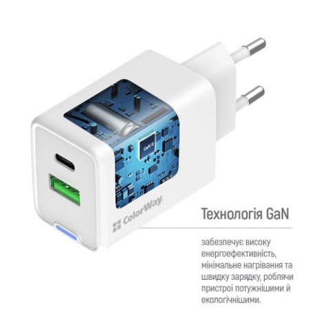 Мережевий зарядний пристрій ColorWay GaN Mini 45W PD Port PPS USB (Type-C PD + USB QC4.0) White (CW-CHS060PD-WT)
