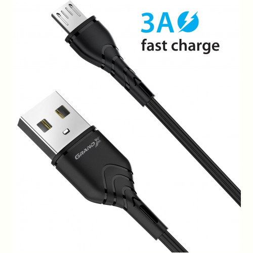 Кабель Grand-X USB-microUSB, Cu, 3A, 1м, Fast Сharge, Black (PM-03B)