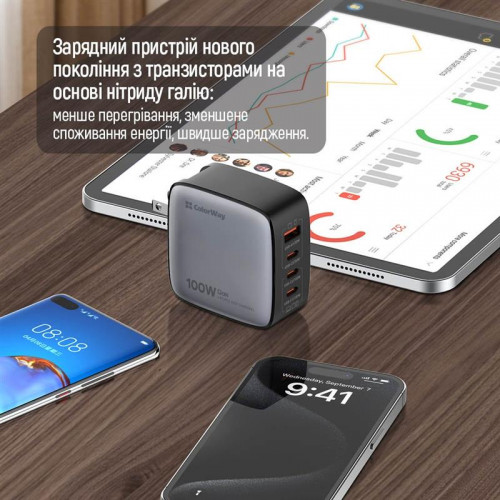 Мережевий зарядний пристрій ColorWay Power Delivery GaN (USB-A + 3USB TYPE-C) (100W) Black (CW-CHS047PD-BK)