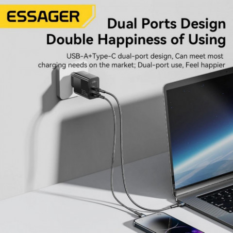 Мережевий зарядний пристрій Essager Pinchen 33W USB A + TYPE C Black (ECTAC-PCB01-P)