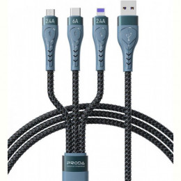 Кабель Proda PD-B74th USB - Lightning/microUSB/USB-C 6А, 1.3м, Black (PD-B74th-BK)