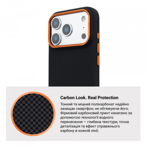 Чохол ArmorStandart LikeCarbon2 SE MagCase для Apple iPhone 17 Pro Kevlar Black Orange (ARM89164)