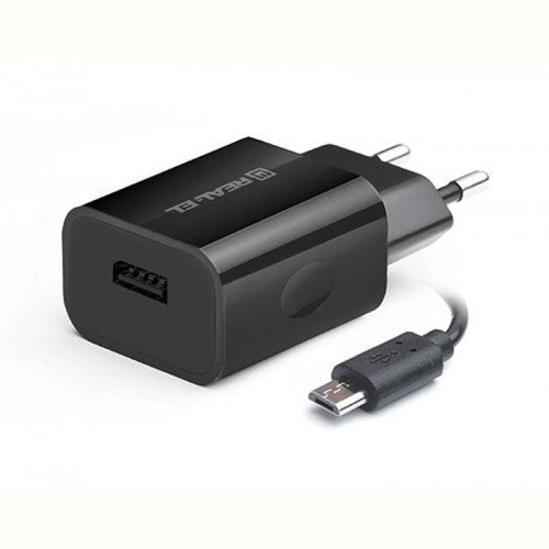 Мережевий зарядний пристрій REAL-EL CH-215 (2USB, 2.1A) Black + кабель microUSB