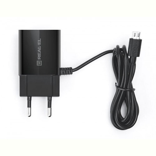 Мережевий зарядний пристрій REAL-EL CH-215 (2USB, 2.1A) Black + кабель microUSB