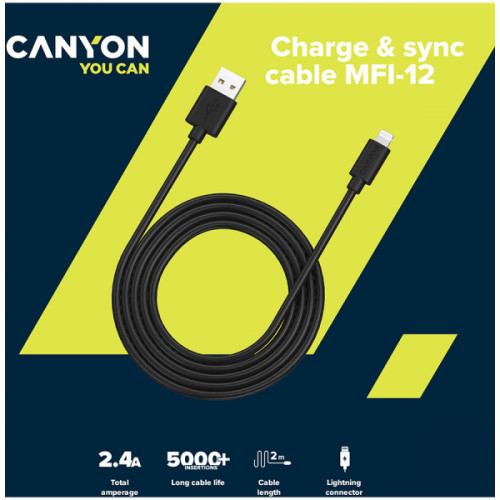 Кабель Lightning Canyon Charge & Sync USB-A to Lightning 2m Black (CNS-MFIC12B)