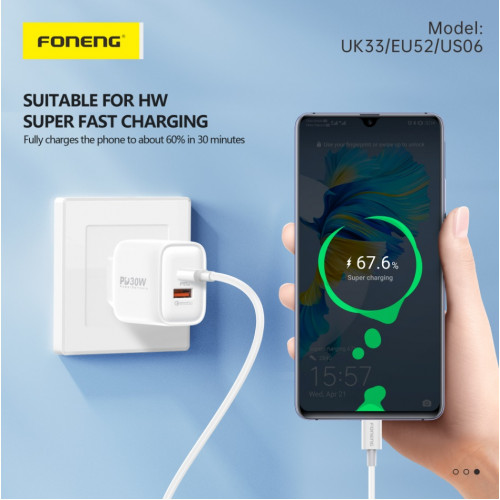 Мережевий зарядний пристрій Foneng PD30W (1xUSB, 1xType-C) White (EU52-CH)