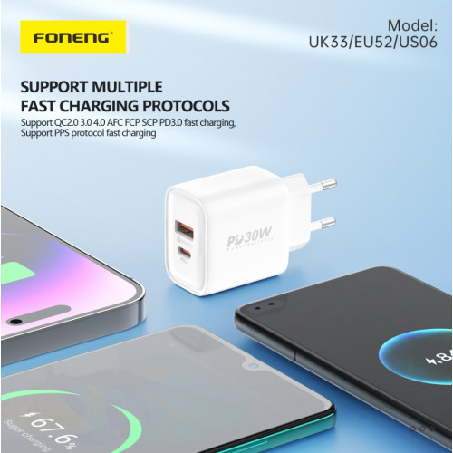 Мережевий зарядний пристрій Foneng PD30W (1xUSB, 1xType-C) White (EU52-CH)