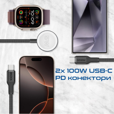 Кабель Promate USB Type-C - 2хUSB Type-C 100W Apple Watch Charger 5W (M/M), 5A, 1.4 м, Black (fusion-ccw.black)