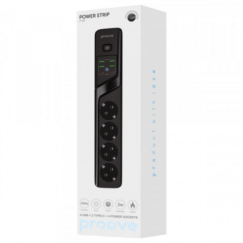 Мережевий фільтр Proove Power Strip P-04 (4 розетки + 4 USB + 2 Type-C) 2М black Купити в Україні