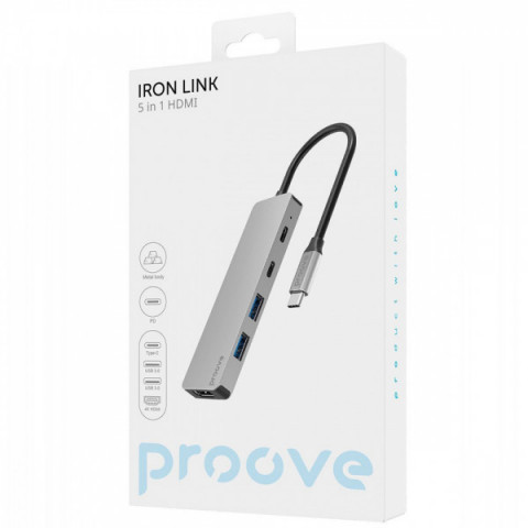 Type-C-Хаб Proove Iron Link 5 in 1 (2*Type-C + 2*USB3.0 + HDMI) silver Купити в Україні