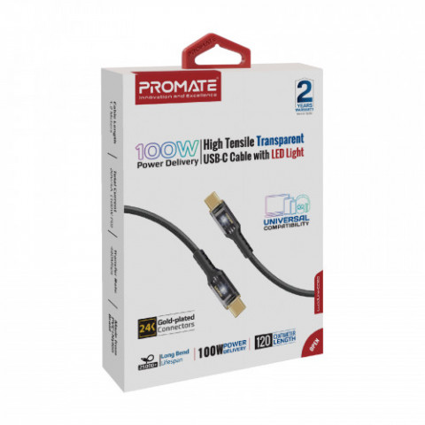 Кабель Promate Lucidline-CC120 USB Type-C - USB Type-C (M/M), 5 A, 100 W, 1.2 м, Black