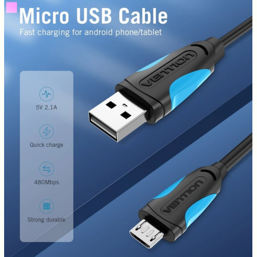 Кабель Vention USB-A 2.0 - microUSB B, 2 m, Black (VAS-A04-B200-N)