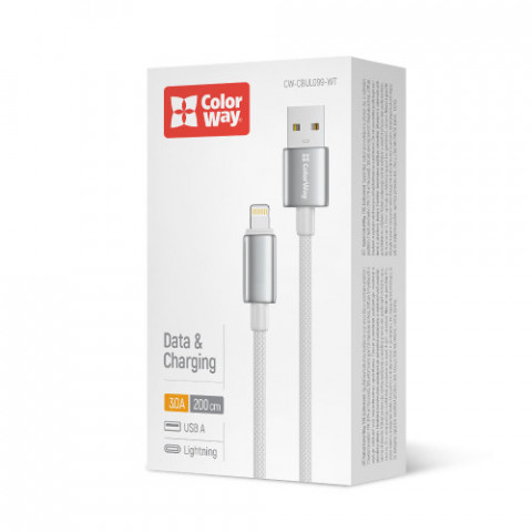 Кабель ColorWay USB - Lightning (M/M), zinc alloy braided, 3А, 2 м, White (CW-CBUL099-WT)