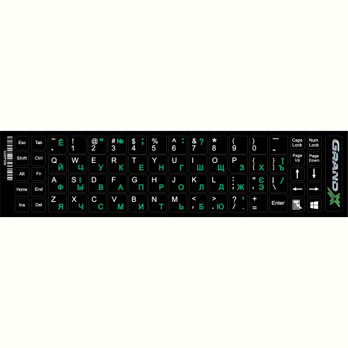Наліпка на клавіатуру Grand-X 68 keys Cyrillic green, Latin white (GXDPGW)