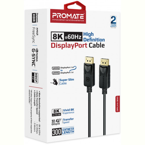 Кабель Promate DisplayPort - DisplayPort V 1.4 (M/M), 3 м, (dplink-300.black)