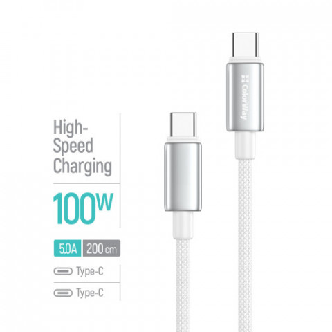 Кабель ColorWay USB Type-C - USB Type-C (M/M), zinc alloy braided, 5А, 2 м, White (CW-CBPDCC099-WT)