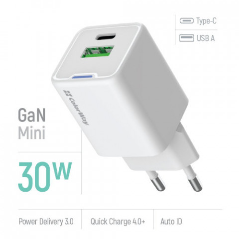 Мережевий зарядний пристрій ColorWay GaN Mini 30W PD Port PPS USB (Type-C PD + USB QC4.0) White (CW-CHS053PD-WT)