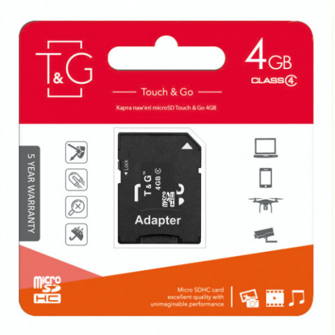 Карта пам`ятi MicroSDHC 4GB Class 4 T&G + SD-adapter (TG-4GBSDCL4-01)