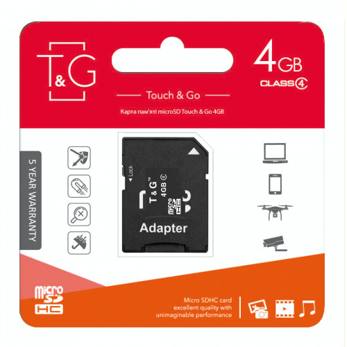 Карта пам`ятi MicroSDHC 4GB Class 4 T&G + SD-adapter (TG-4GBSDCL4-01)