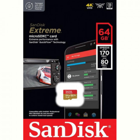 Карта пам`ятi MicroSDXC 64GB C10 UHS-I SanDisk Extreme V30 U3 R170/W80MB/s (SDSQXAH-064G-GN6AA)