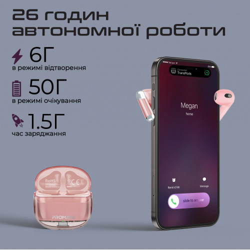 Bluetooth-гарнітура Promate TransPods Pink