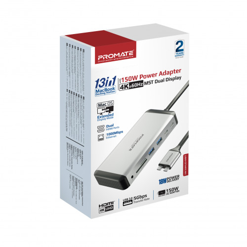 Концентратор USB Type-C Promate VersaHub 13 in 1 Grey (versahub-mst.grey)
