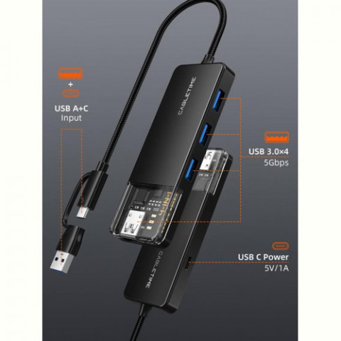 Концентратор Cabletime USB C/A - 4 Port USB 3.0, 5Gbps, 0.15 m (CB05B)