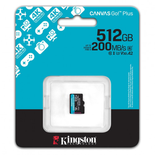 Карта пам`яті MicroSDXC 512GB UHS-I/U3 Class 10 Kingston Canvas Go! Plus R200/W160MB/s (SDCG4/512GBSP)