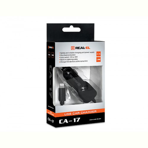 Автомобільний зарядний пристрій REAL-EL CA-17 (2USB, 2.1A) Black + кабель Lightning