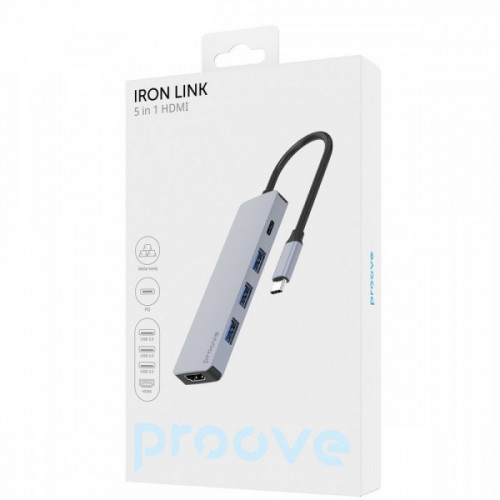 Type-C-Хаб Proove Iron Link 5 in 1 (3*USB3.0 + Type C + HDMI) silver Купити в Україні