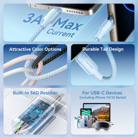 Кабель Vention USB - USB Type-C (M/M), 60W, 3A, 2 м, White (CTNWH)