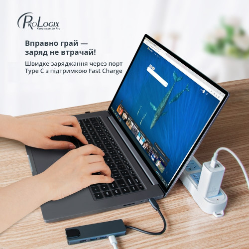 Мережевий адаптер USB-C ProLogix (PR-WUC-103B) 5 in 1 USB3.1 Type C to HDMI+2*USB3.0+USB C PD+Lan