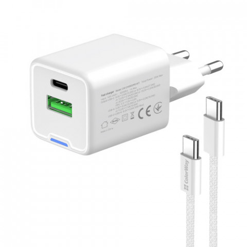 Мережевий зарядний пристрій ColorWay GaN Mini 30W PD Port PPS USB (Type-C PD + USB QC4.0) White (CW-CHS053PDC-WT) + кабель USB Type-C