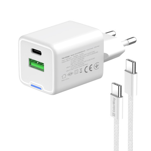 Мережевий зарядний пристрій ColorWay GaN Mini 30W PD Port PPS USB (Type-C PD + USB QC4.0) White (CW-CHS053PDC-WT) + кабель USB Type-C
