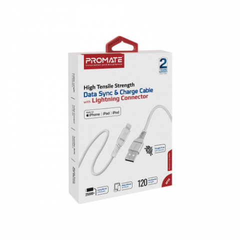 Кабель Promate PowerLine-Ai120 USB - Lightning (M/M), 2.4 A, 1.2 м, White