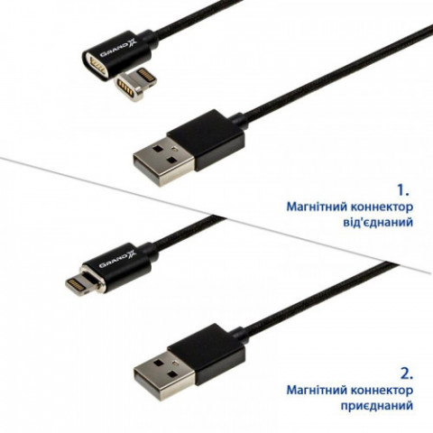 Кабель Grand-X USB-Lightning, магнітний, 1м, Black (MG-01L)