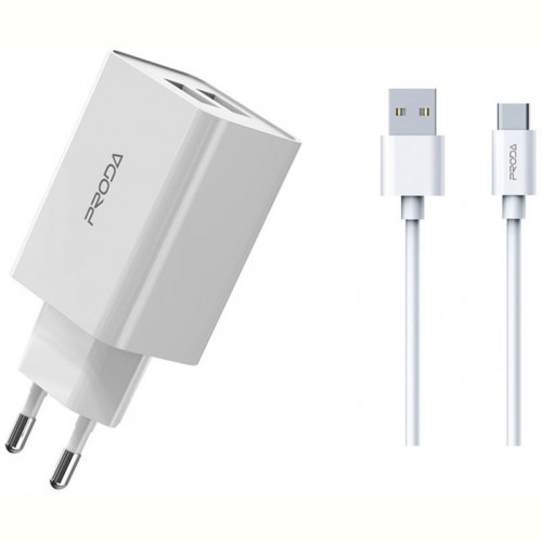 Мережевий зарядний пристрій Proda PD-A28c (2USB 2.4A) White (PD-A28c-WH) + кабель USB Type-C