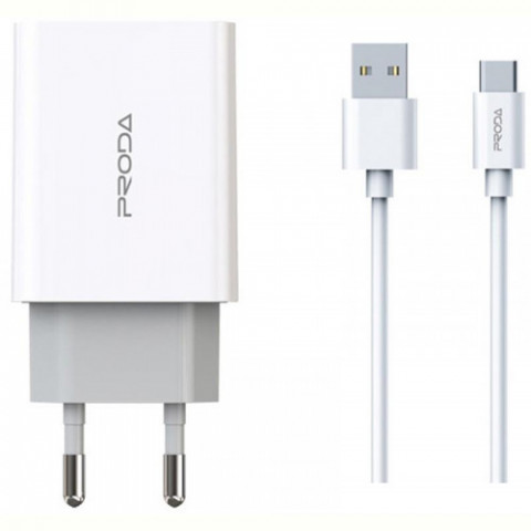 Мережевий зарядний пристрій Proda PD-A28c (2USB 2.4A) White (PD-A28c-WH) + кабель USB Type-C